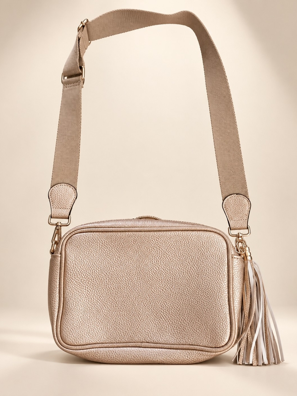 Boutique Metallic Champagne Gold Crossbody Purse with Tassel